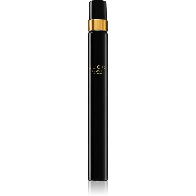 Gucci Bloom Intense Eau De Parfum 10ml spray in a sleek black bottle with a gold cap, featuring elegant branding in gold lettering.
