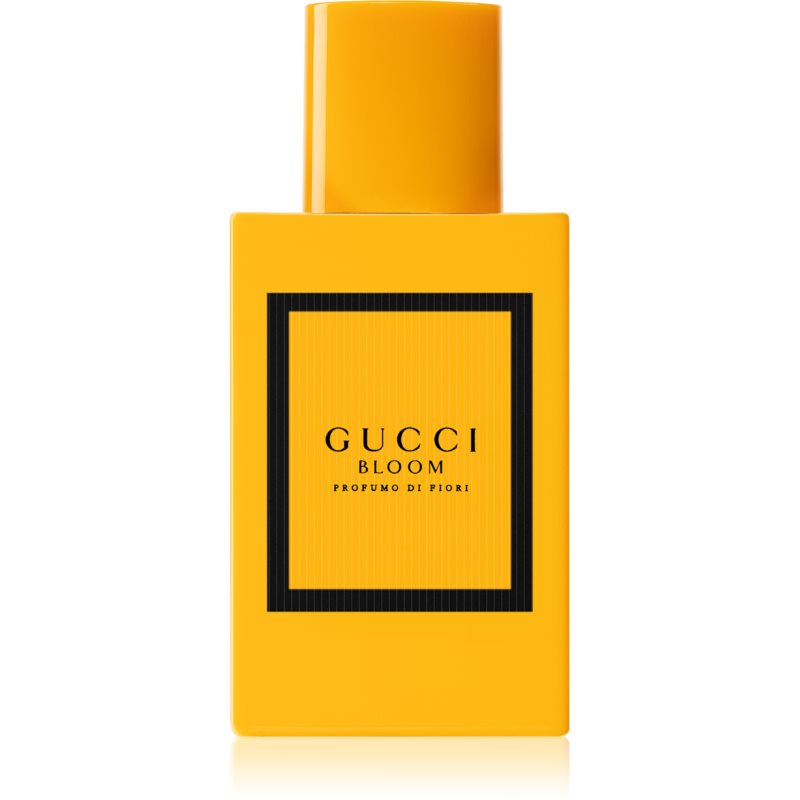 Bright yellow rectangular bottle with a matte finish, featuring a black rectangular label with "GUCCI BLOOM PROFUMO DI FIORI" in bold letters, 30ml Eau De Parfum.