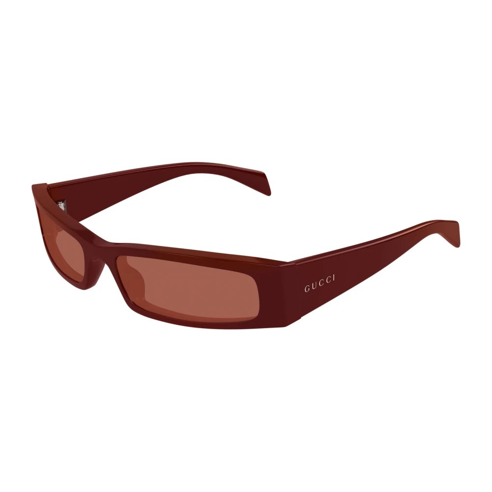 Gucci GG1778S 003 sunglasses feature a sleek, rectangular design with a deep burgundy frame and tinted brown lenses, showcasing the brand name on the side.