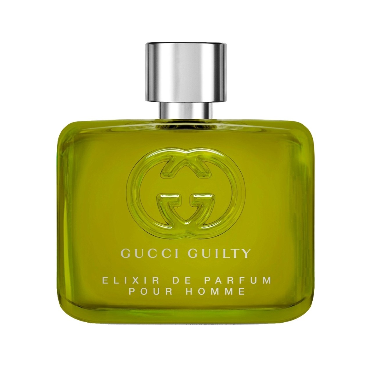 Green glass bottle of Gucci Guilty for Him Elixir Eau De Parfum, featuring a silver cap and embossed double G logo, with "Elixir de Parfum Pour Homme" text on the front.