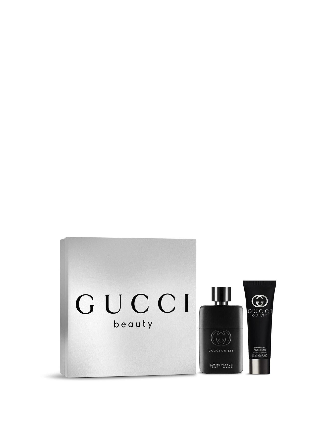 Black Gucci Guilty Pour Homme bottle and matching shower gel in a sleek silver gift box, featuring the Gucci logo prominently displayed on the front.