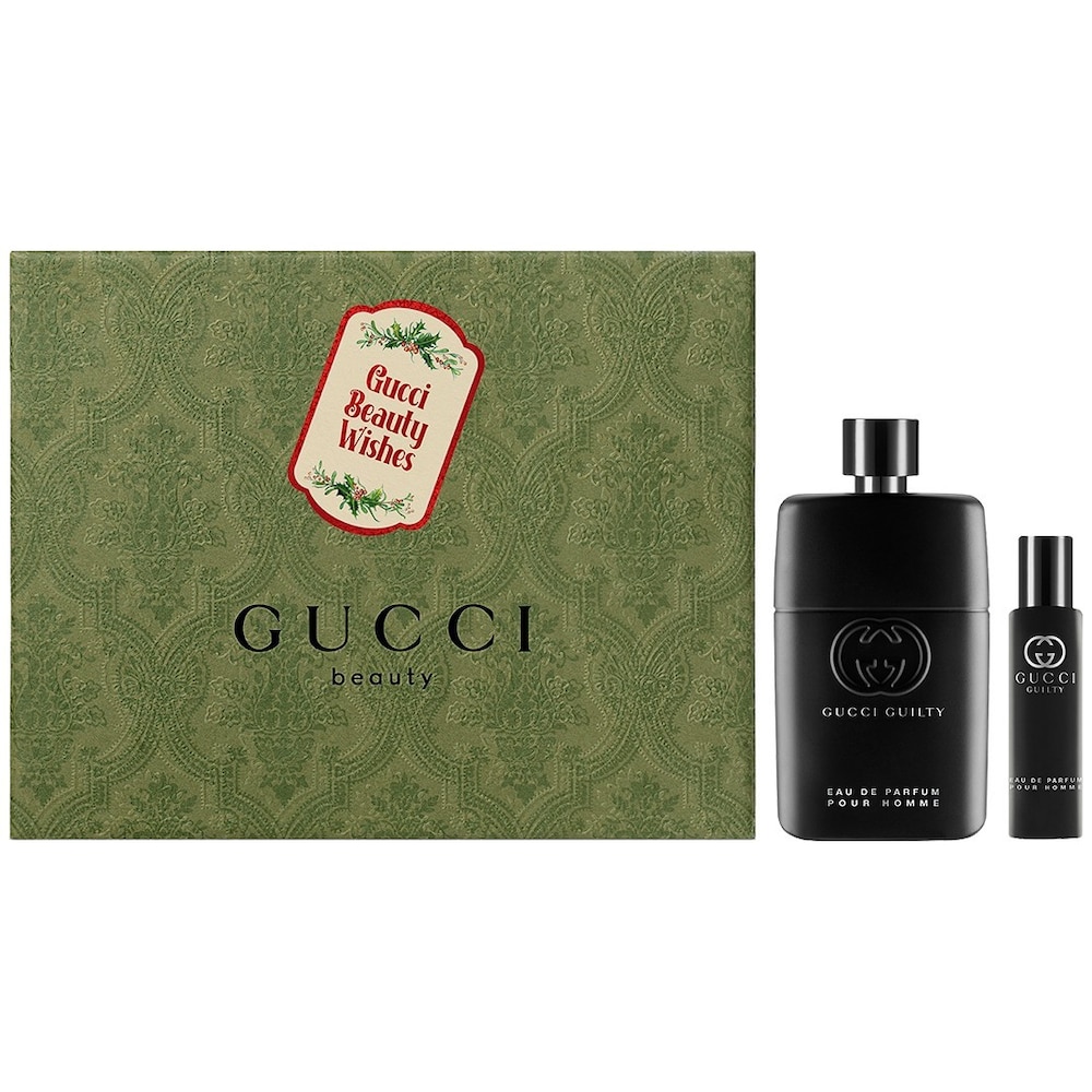 Gucci Guilty Pour Homme 2 Piece Gift Set featuring a black Eau De Parfum bottle (90ml) and a smaller 15ml version, presented in a decorative green box with a festive label.