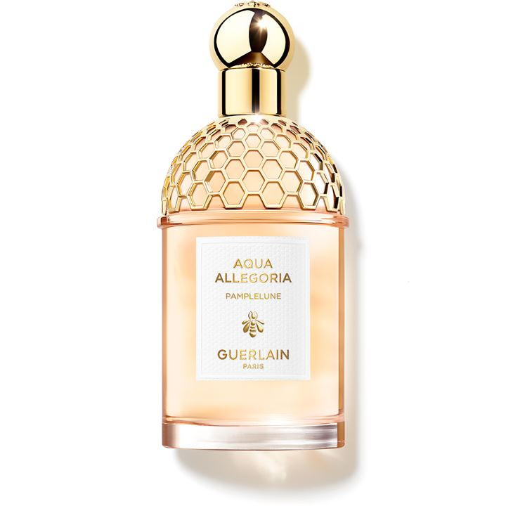 Clear glass bottle with a gold honeycomb cap, featuring a white label with gold text, containing light amber liquid, labeled "Aqua Allegoria Pamplelune" by Guerlain.