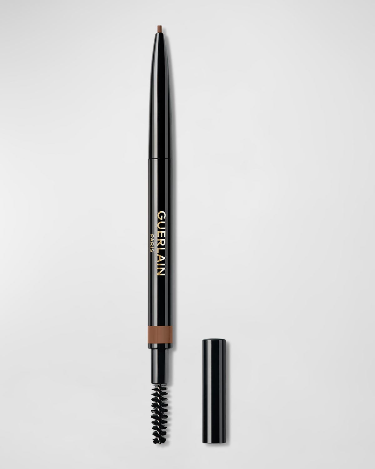 Guerlain Brow G the Brow Pencil in #02 Auburn, featuring a sleek black casing, a retractable pencil tip, and a built-in spoolie brush for blending.