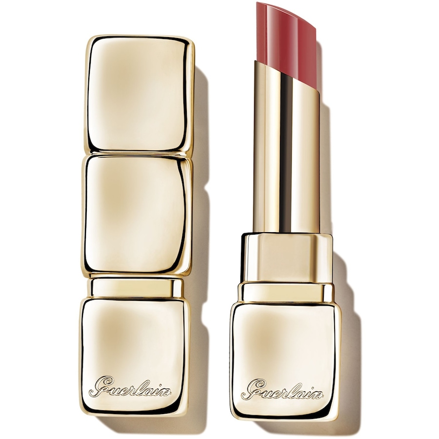 Guerlain KissKiss Shine Bloom lipstick in a sleek gold case, featuring a pink bullet, highlighting its naturally-derived ingredients and luxurious design.
