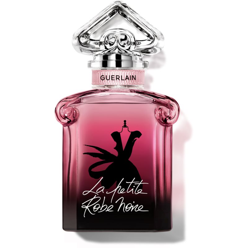 Clear glass perfume bottle with a pink gradient, featuring a decorative silver cap and a silhouette of a dress, labeled "La Petite Robe Noire" in elegant script.