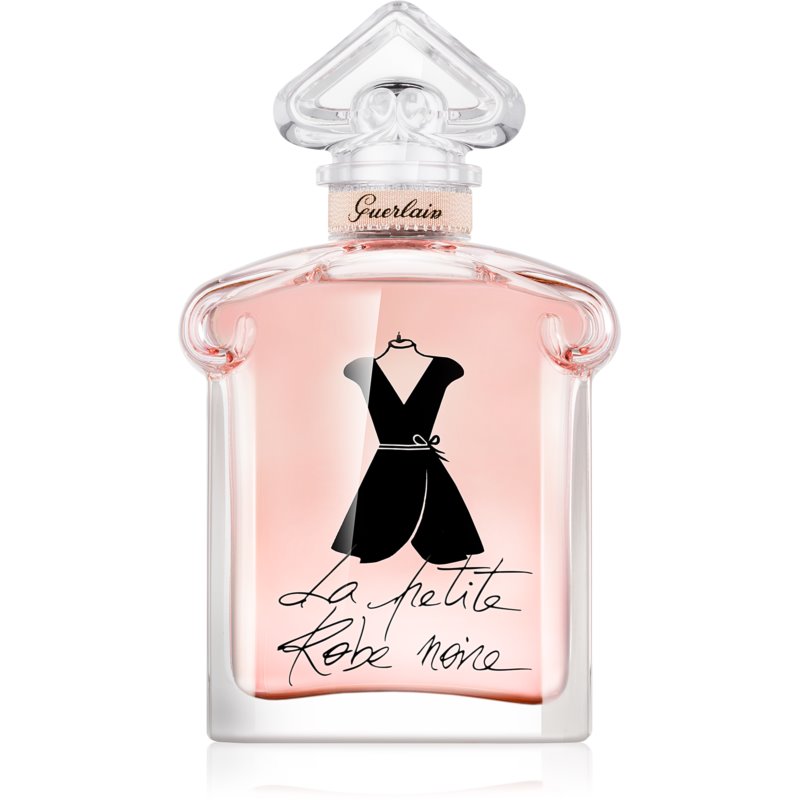 Guerlain La Petite Robe Noire Velours EDP features a pink glass bottle with a black dress illustration and a clear, ornate cap, showcasing elegance and femininity.