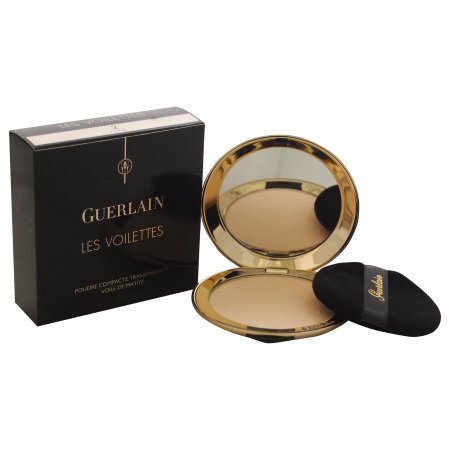 Guerlain Les Voilettes Translucent Compact Powder in No. 2 Clair, featuring a sleek black case with gold accents, a mirror, and a soft applicator puff.
