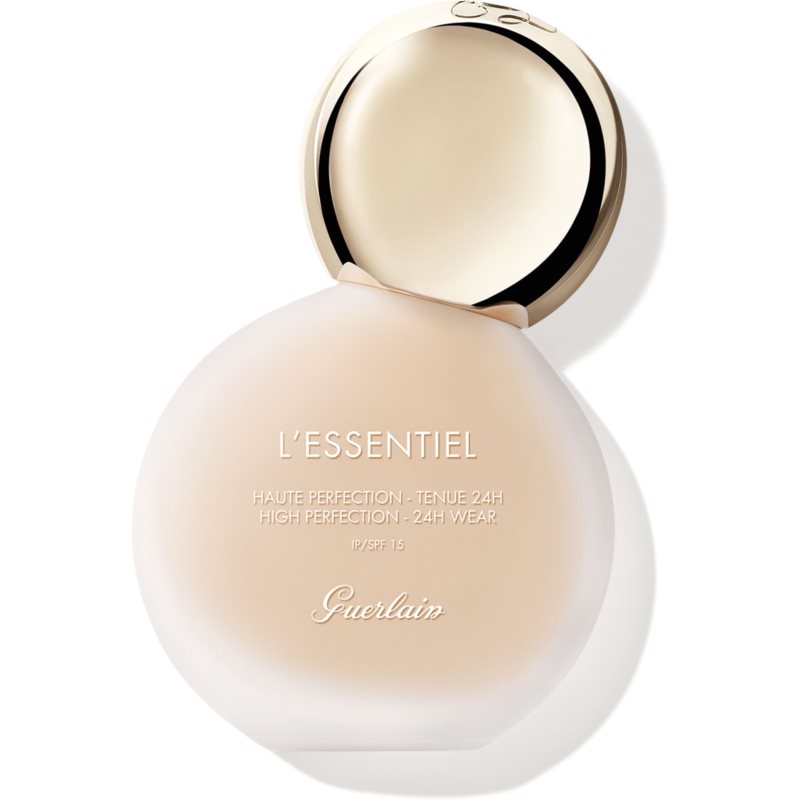Guerlain L'Essentiel High Perfection Foundation in #00N Porcelain, 30ml, features a sleek round bottle with a gold cap, showcasing a light beige liquid inside.