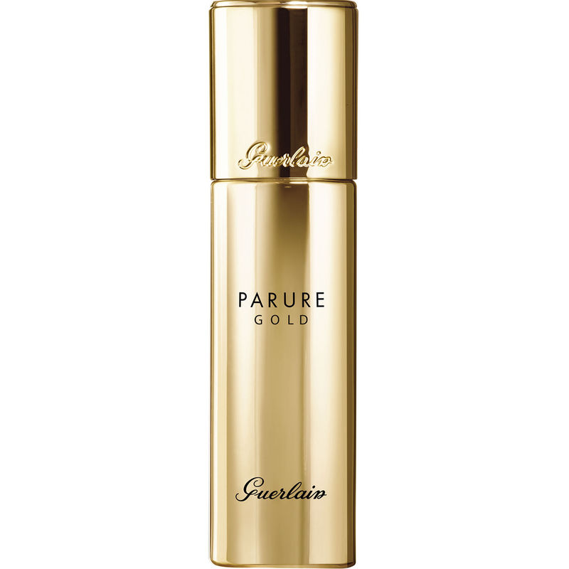 Guerlain Parure Gold fluid foundation in a sleek gold bottle, featuring a pump dispenser and elegant branding, labeled "12 Rose Clair" for a light rose shade.
