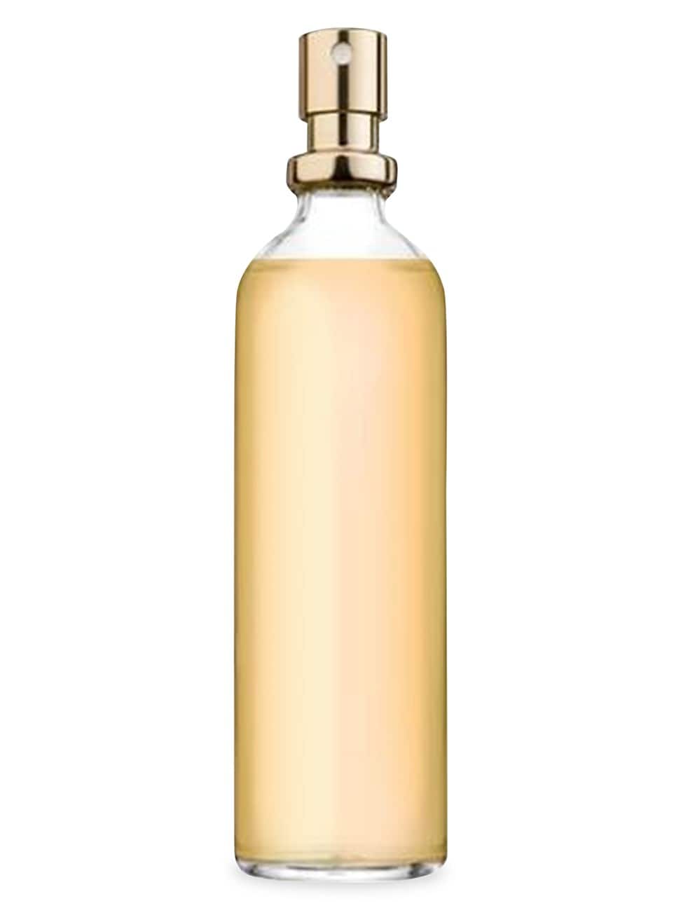 Clear glass bottle with a rounded base, filled with light amber liquid, topped with a gold cap, labeled as "Shalimar by Guerlain Edt Spray Refill 3.1 Oz."