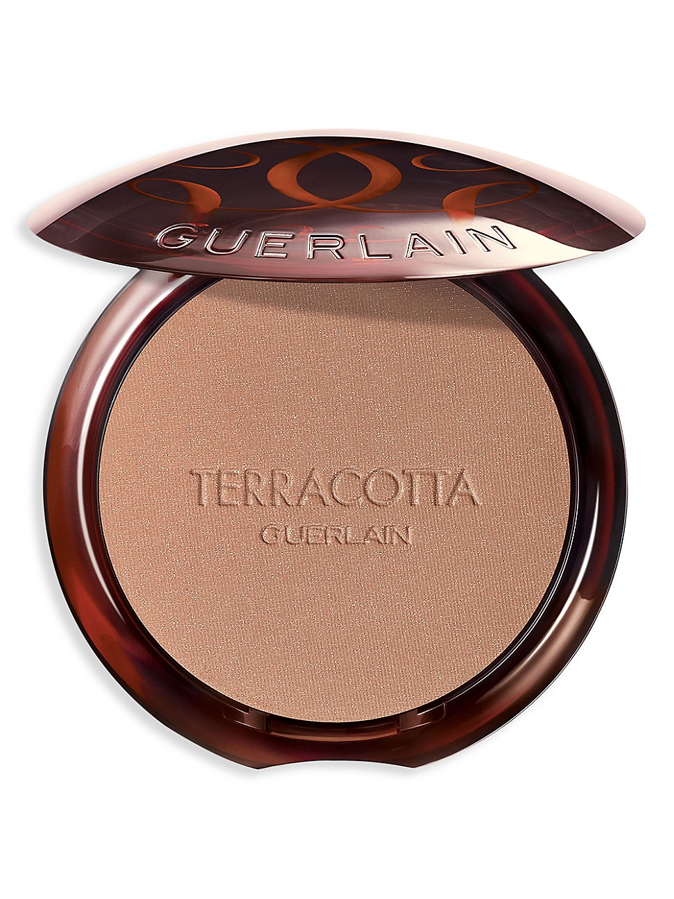 Terracotta bronzing powder in a sleek, round compact with a glossy brown lid, featuring the Guerlain logo and a smooth, matte medium cool shade inside.