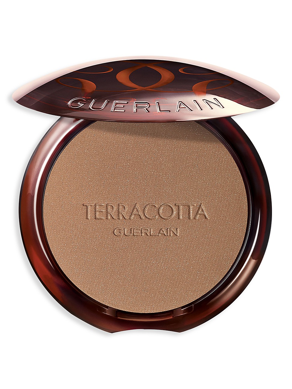 Round bronzing powder compact with a glossy brown lid featuring the Guerlain logo, revealing a smooth, warm deep brown powder inside, labeled "TERRACOTTA."
