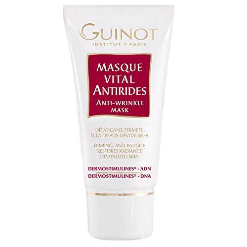 White tube with red and gold accents, labeled "Guinot Anti-Wrinkle Mask," designed for devitalized skin, featuring a flip-top cap and 50ml capacity.