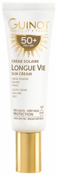 White tube with gold accents, labeled "Guinot Longue Vie Anti-aging Face Sun Cream SPF 50+" featuring sun protection symbols and a sleek design, containing 50 ml.