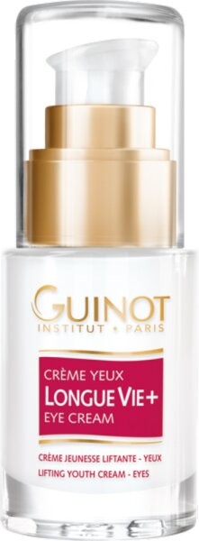 Guinot Longue Vie Lifting Eye Contour Cream in a clear glass pump bottle with a gold cap and white label featuring pink text, designed for lifting and rejuvenating the eye area.