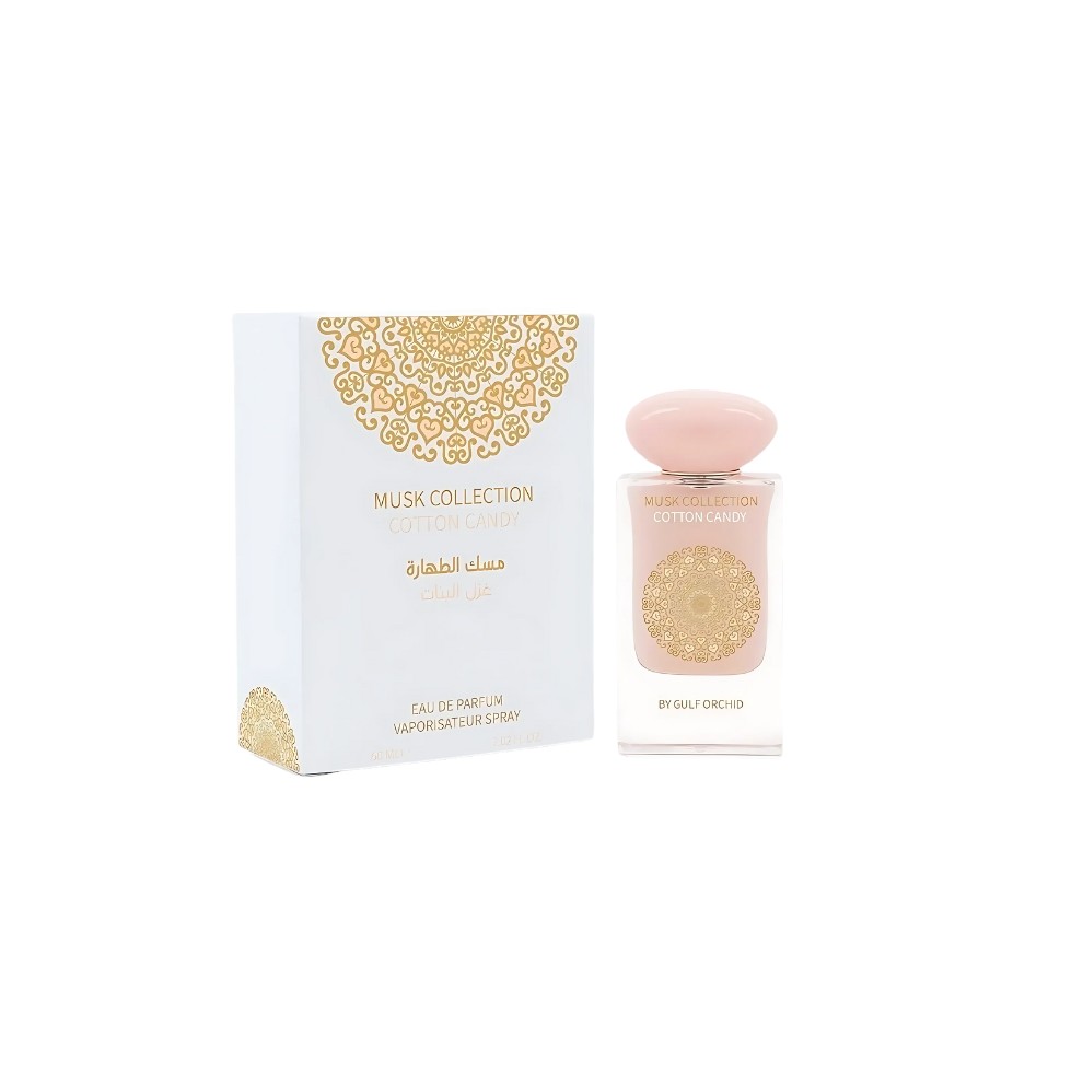 Clear glass bottle with a round pink cap, featuring a gold decorative pattern; accompanied by a white box with gold accents, labeled "Musk Collection Cotton Candy."