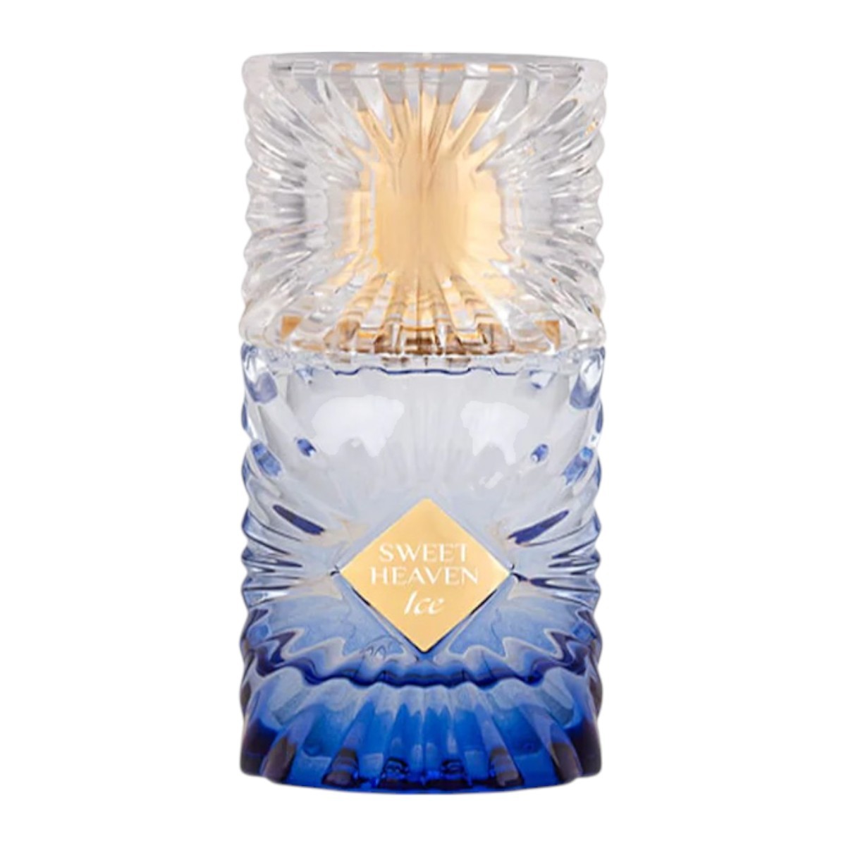 Clear glass bottle with a textured design, featuring a gradient from light blue to deep blue, topped with a gold cap and a diamond-shaped label reading "SWEET HEAVEN Ice."