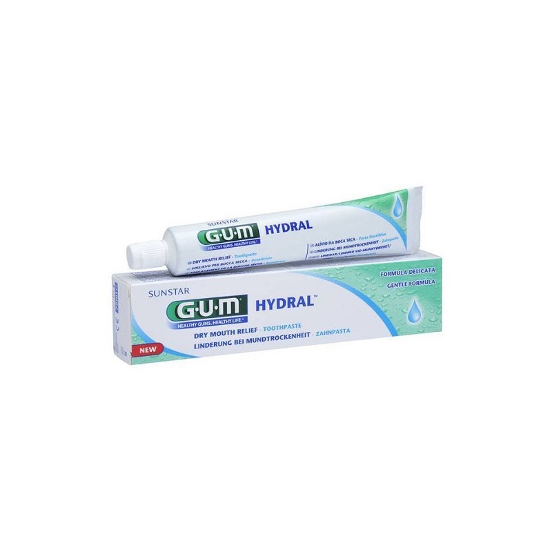 GUM Hydral Toothpaste 75 ml in a white tube with green and blue accents, placed beside its matching box featuring similar colors and a water droplet graphic.