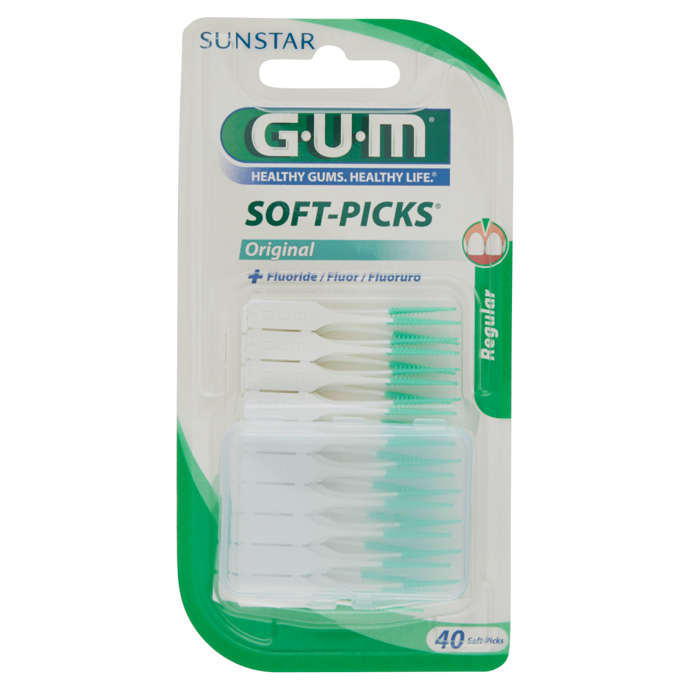 GUM Soft Picks Regular in a 50-pack, featuring green and white soft, flexible picks designed for dental cleaning, packaged in a clear plastic case with a label.