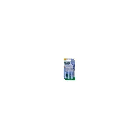 Six 0.6mm interdental brushes in a clear plastic packaging, featuring blue and white bristles, designed for effective cleaning between teeth.