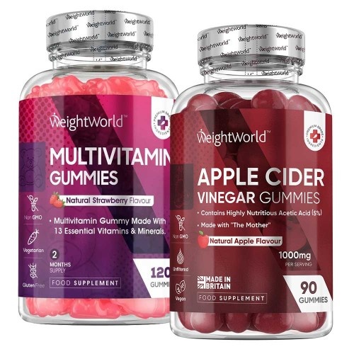 Two jars of gummies: one pink labeled "Multivitamin Gummies" with strawberry flavor, and one red labeled "Apple Cider Vinegar Gummies" with apple flavor, both from WeightWorld UK.