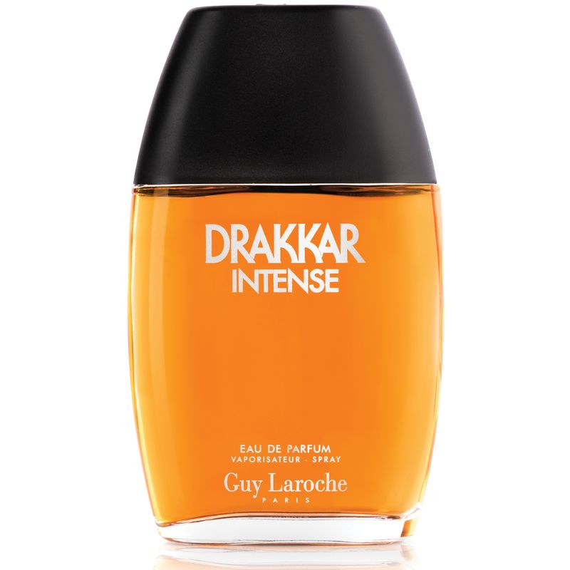 Clear glass bottle with a black cap, featuring bold white text that reads "DRAKKAR INTENSE" and "Eau De Parfum" in a sleek design, containing 100ml of amber-colored fragrance.