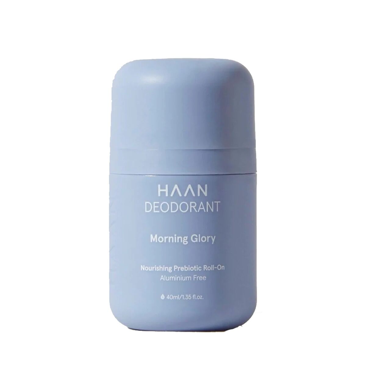 Light blue roll-on deodorant bottle labeled "HAAN DEODORANT - Morning Glory," featuring a smooth matte finish and aluminum-free formula, with a 40ml capacity.