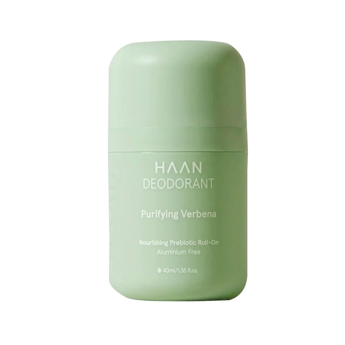 Light green, rounded roll-on deodorant container with a smooth finish, labeled "HAAN DEODORANT" and "Purifying Verbena," featuring a 40ml capacity and aluminum-free formula.