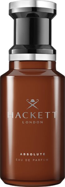 Brown glass bottle with a sleek design, featuring a silver cap and the text "HACKETT LONDON ABSOLUTE EAU DE PARFUM" prominently displayed on the front.