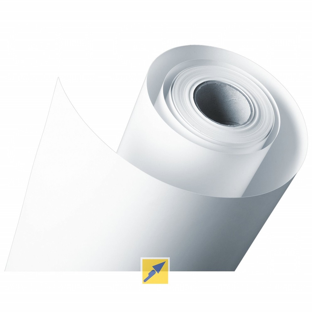 Rolled white photo paper with a glossy luster finish, measuring 24 inches wide and 30 meters long, featuring a sturdy core for easy handling.