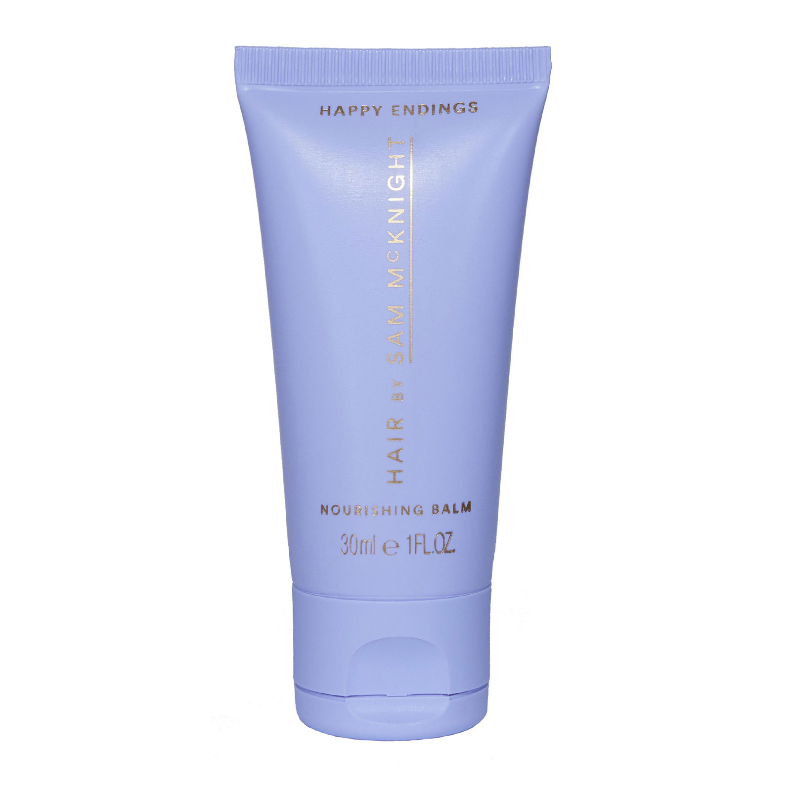 Light purple tube with a flip-top cap, labeled "Hair by Sam McKnight Happy Endings Nourishing Balm 30ml," featuring gold text and a sleek, modern design.