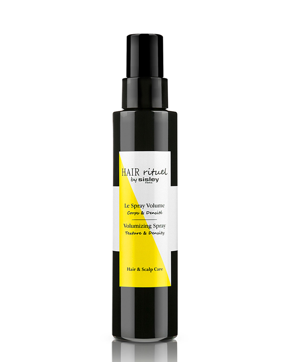 Black spray bottle with a sleek design, featuring a yellow label that reads "HAIR rituel by sisley" and details about volumizing properties for hair and scalp care.