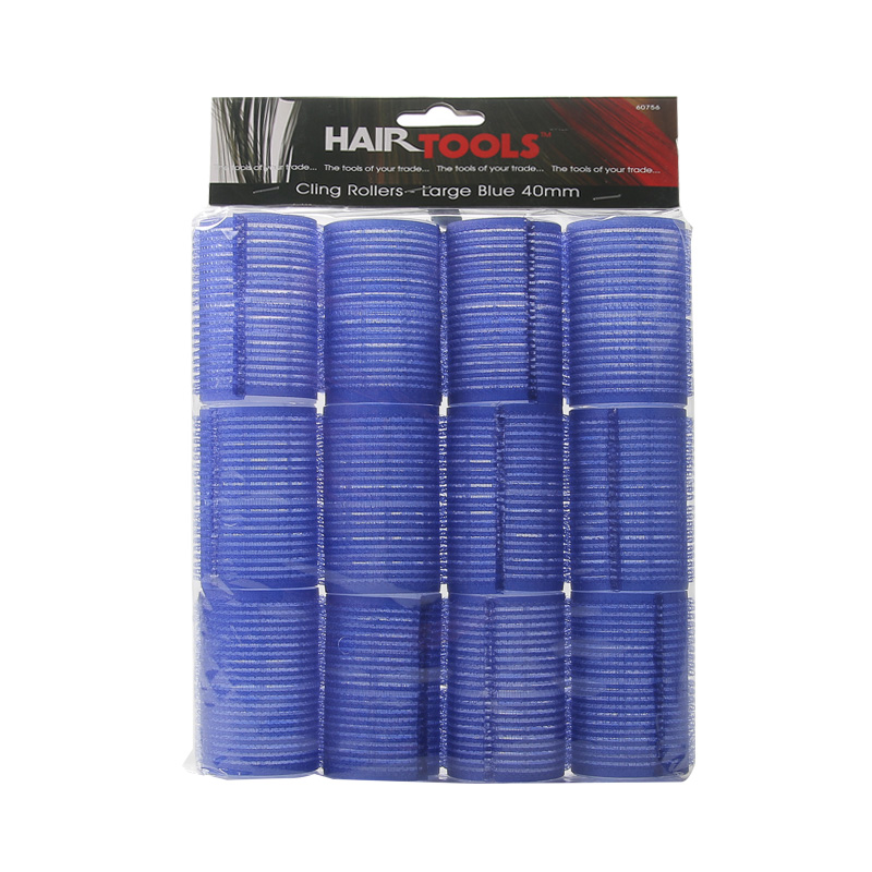 Large blue Velcro rollers by Hair Tools, measuring 40mm, packaged in a clear plastic with a header card featuring the brand name and product details.