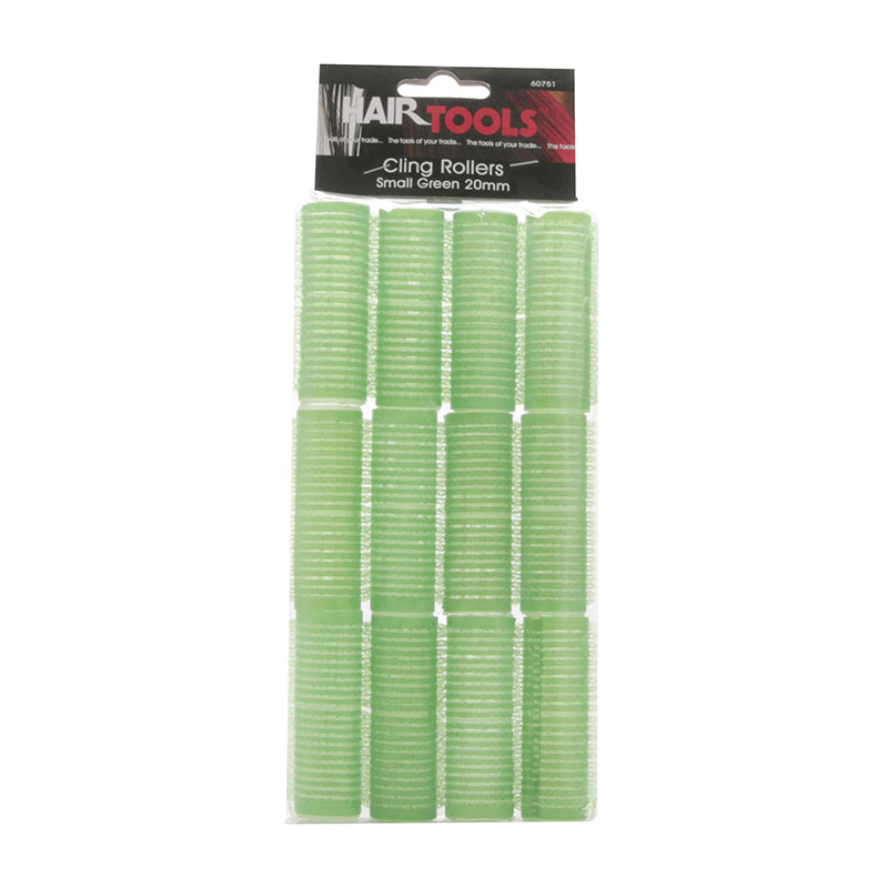 Small green Velcro rollers, 20mm in diameter, packaged in a clear plastic with a black label, featuring a grid texture for secure hair grip.