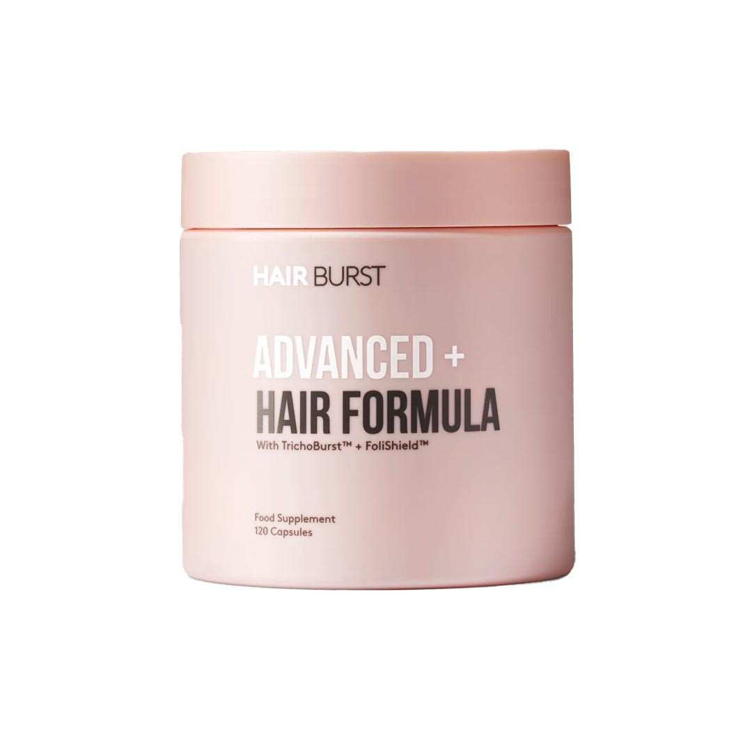 Pink cylindrical container labeled "HAIR BURST ADVANCED+ HAIR FORMULA" with a white font, containing 120 capsules, designed for hair health support.