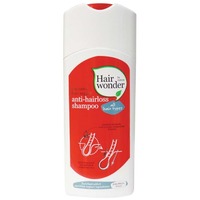 White bottle with a red label featuring "Hairwonder" and "anti-hairloss shampoo" text, along with a green leaf logo, and a flip-top cap.