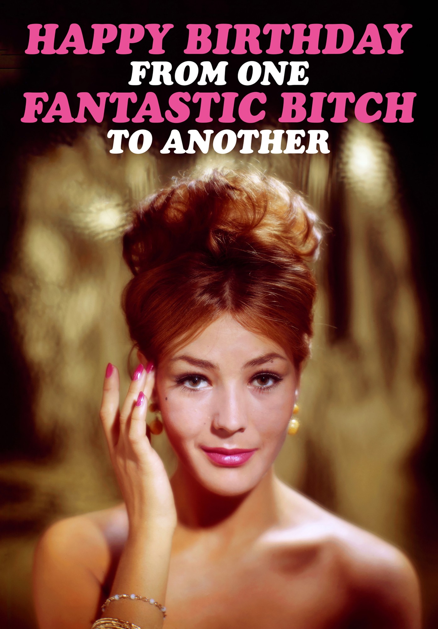 A vibrant birthday card featuring retro-style text in pink, with a glamorous woman in a classic hairstyle, wearing earrings and a strapless top, set against a soft-focus background.