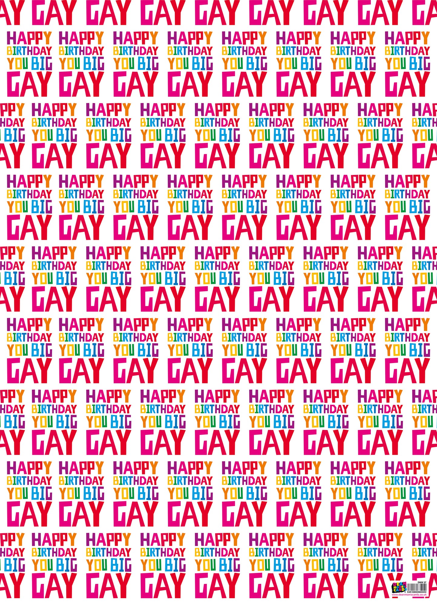 Colorful gift wrap featuring repeated phrases "Happy Birthday" and "GAY" in bold, vibrant letters against a white background, celebrating LGBTQ+ pride.