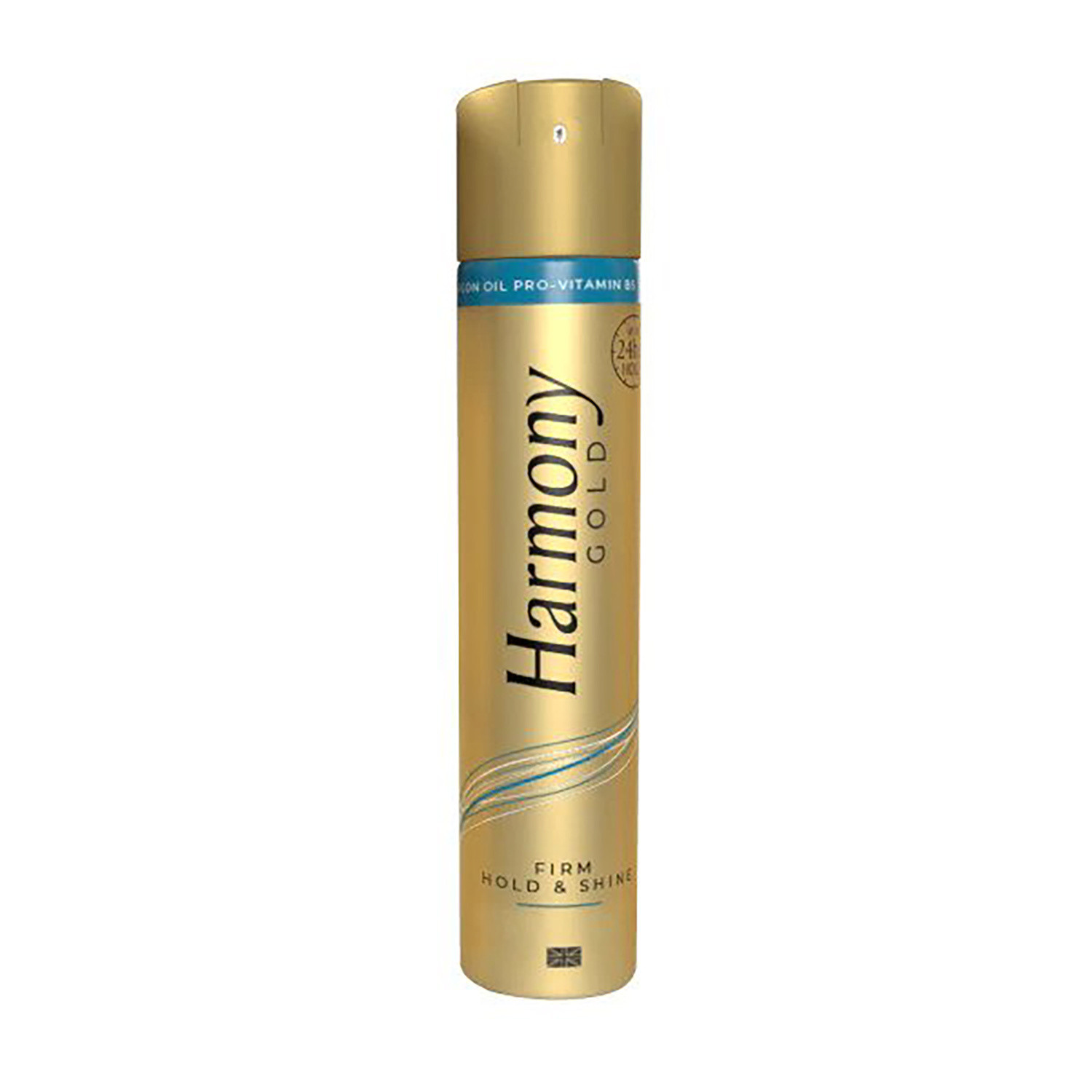 Gold aerosol can with a sleek design, featuring "Harmony Gold" in bold letters, labeled "Firm Hold & Shine," and a blue wave graphic, containing 400ml of hairspray.