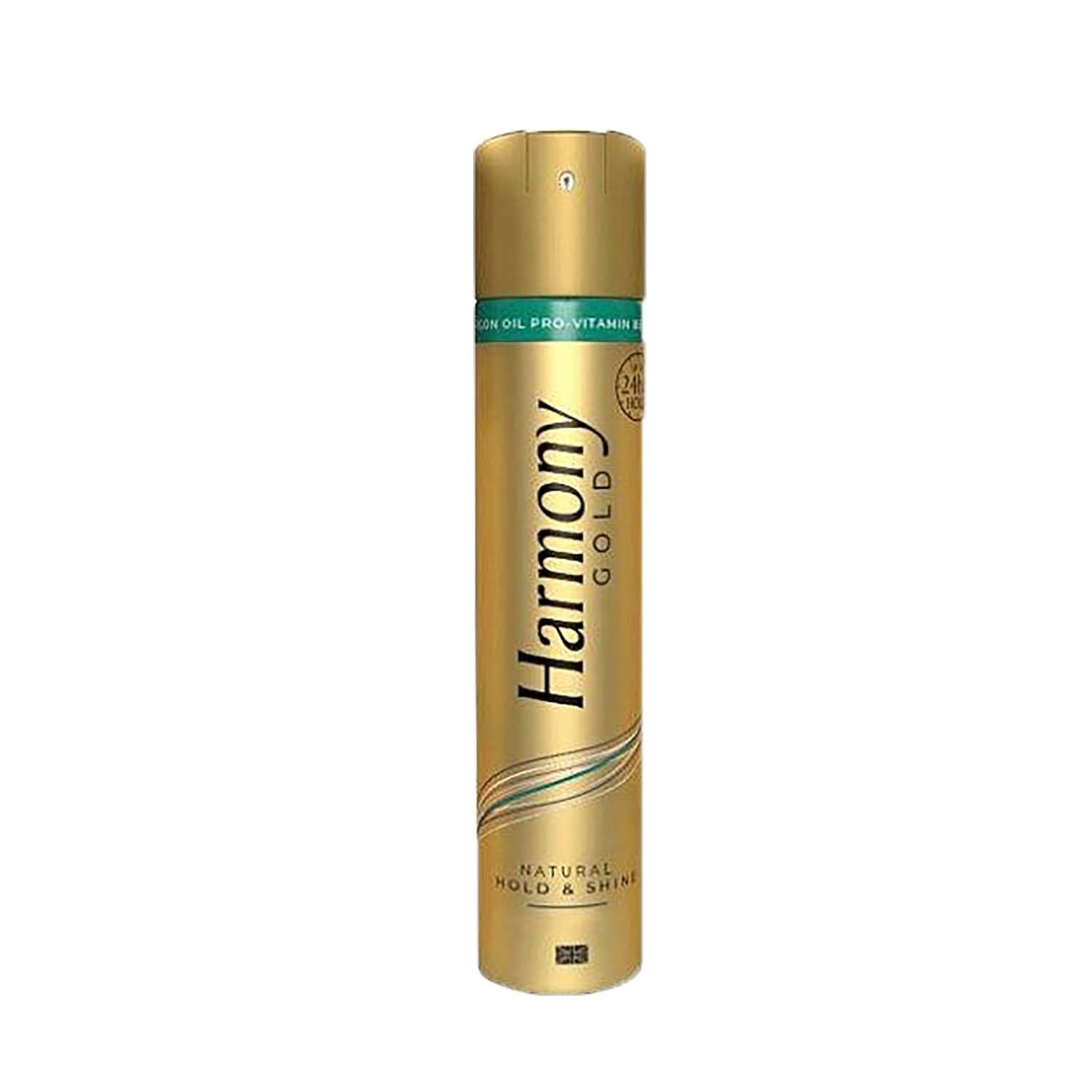Gold aerosol can with a green and gold label, featuring "Harmony Gold" in bold black letters, labeled "Natural Hold & Shine," 400ml size.