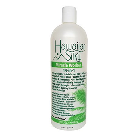 Hawaiian Silky 14-in-1 Miracle Worker in a white 32 fl oz bottle, featuring green text and palm tree graphics, designed for hair hydration and styling.