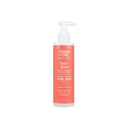 Hawaiian Silky Triple Butter Curl Milk Leave-in, 8 fl oz, features a coral-colored bottle with a pump dispenser, labeled with details about hydration and curl definition.