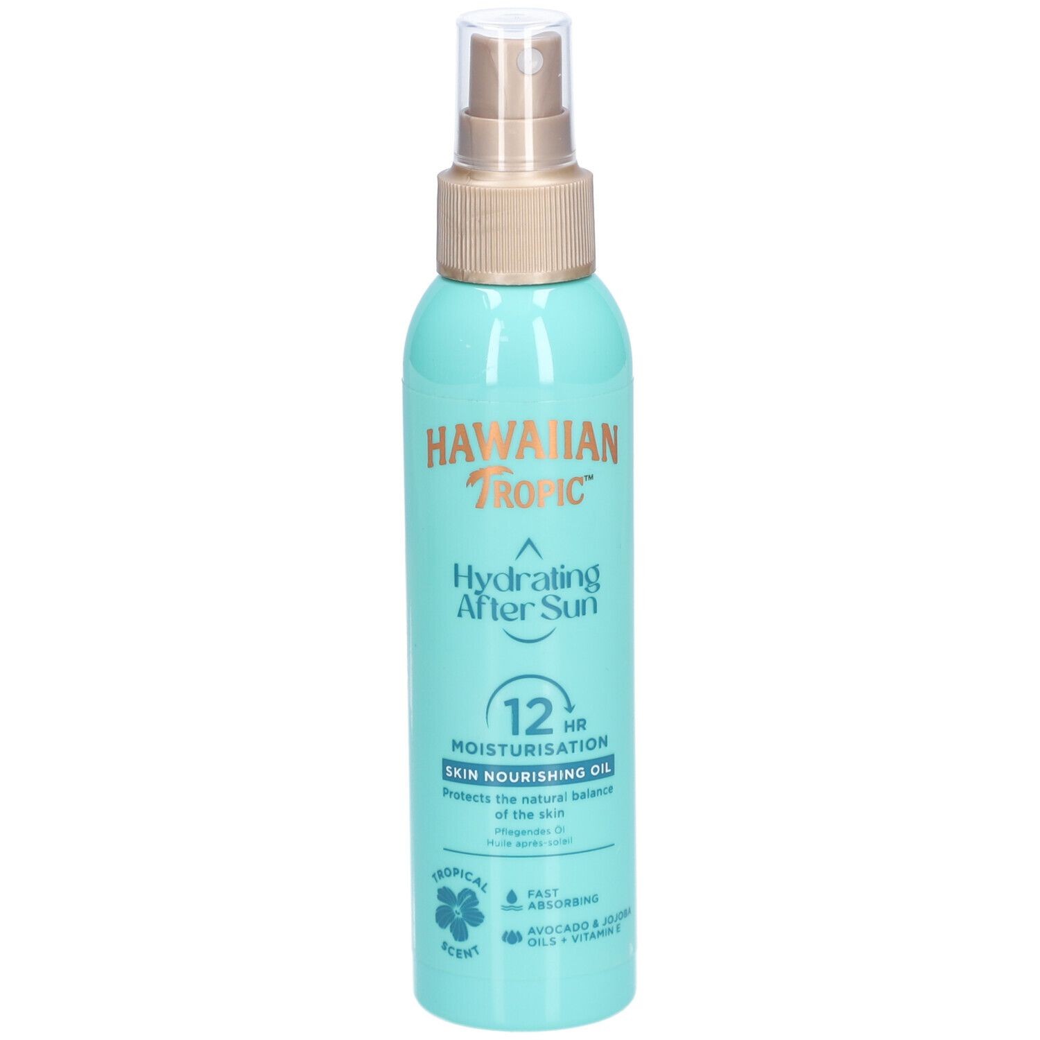 Light blue spray bottle with a gold cap, labeled "Hawaiian Tropic Hydrating After Sun," featuring tropical-themed graphics and indicating 12-hour moisturization.