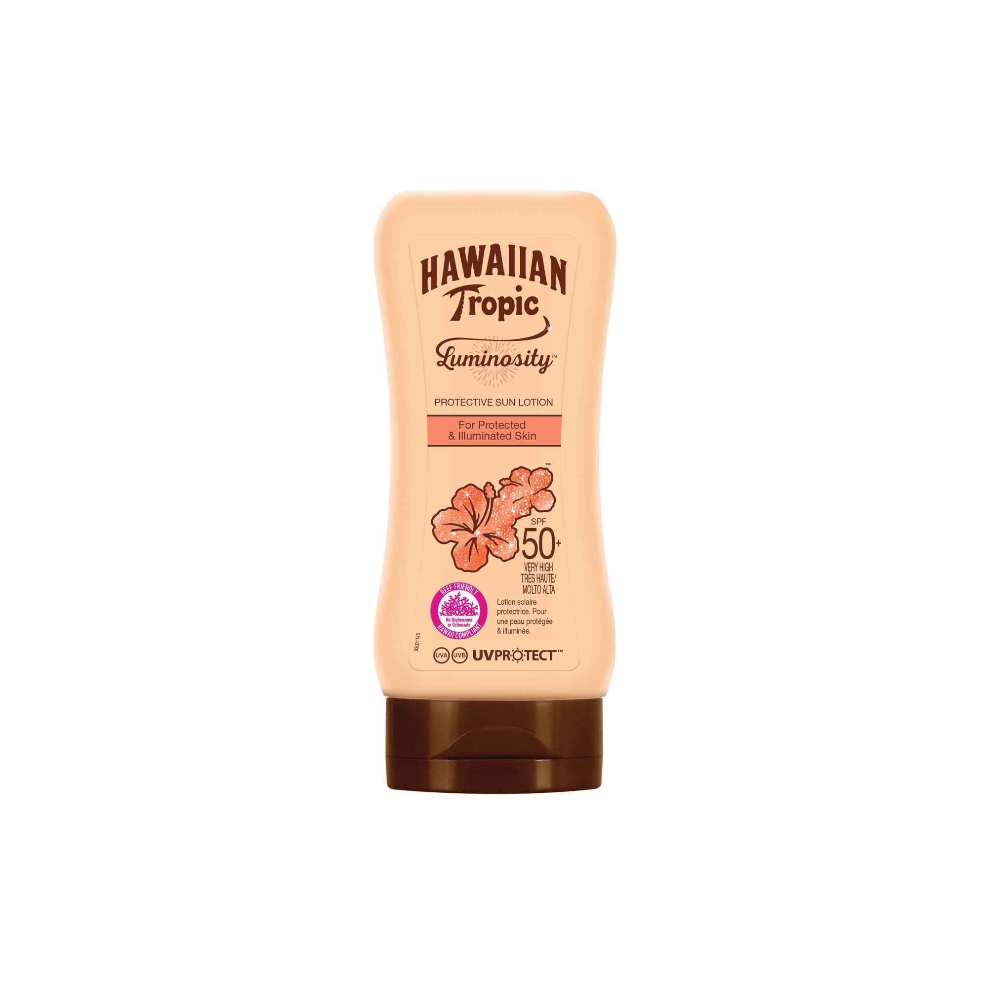 Hawaiian Tropic Luminosity SPF 50 sun lotion in a 180ml beige bottle, featuring a floral design and a brown flip-top cap, ideal for protecting and enhancing skin.