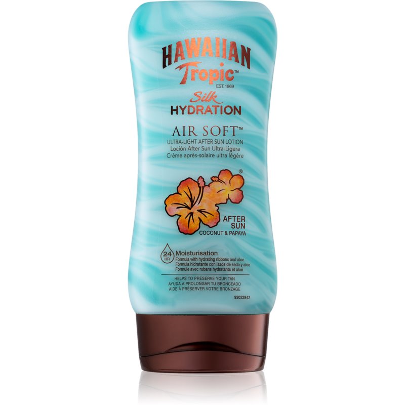 Hawaiian Tropic Silk Hydration After Sun lotion in a turquoise and white bottle, featuring a floral design, with a brown cap and 180ml capacity.