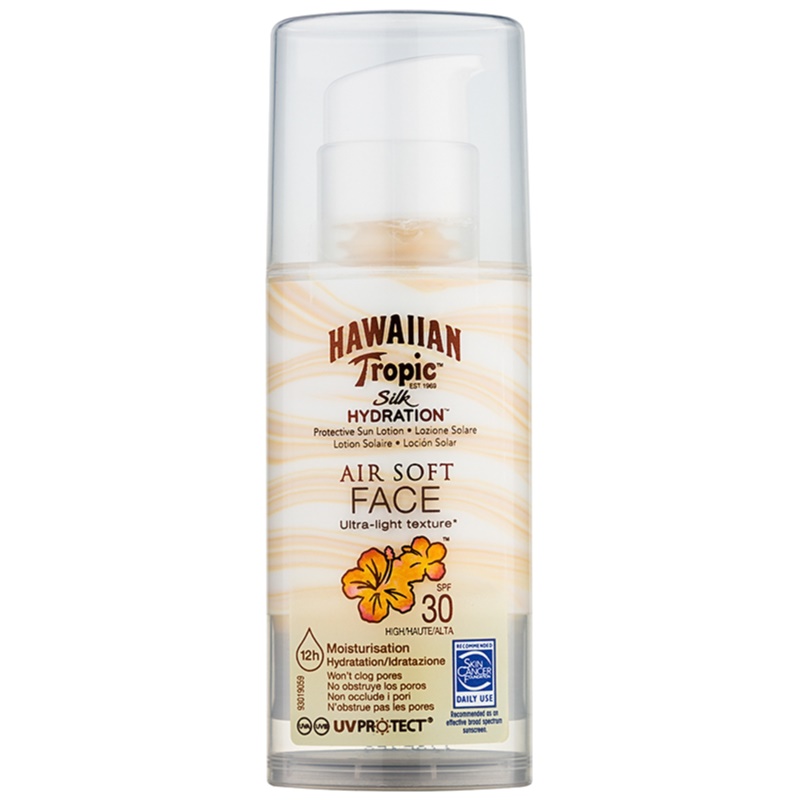 Hawaiian Tropic Silk Facial Sun Lotion in a clear 50ml bottle, featuring a pump dispenser, with a tropical design and SPF 30 label, emphasizing hydration and lightweight texture.