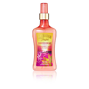 A pink, curvy bottle of Hawaiian Tropic Fragrance Mist Sunkissed Dreams, featuring a gold cap and vibrant floral graphics on the label, containing 250ml of fragrance.