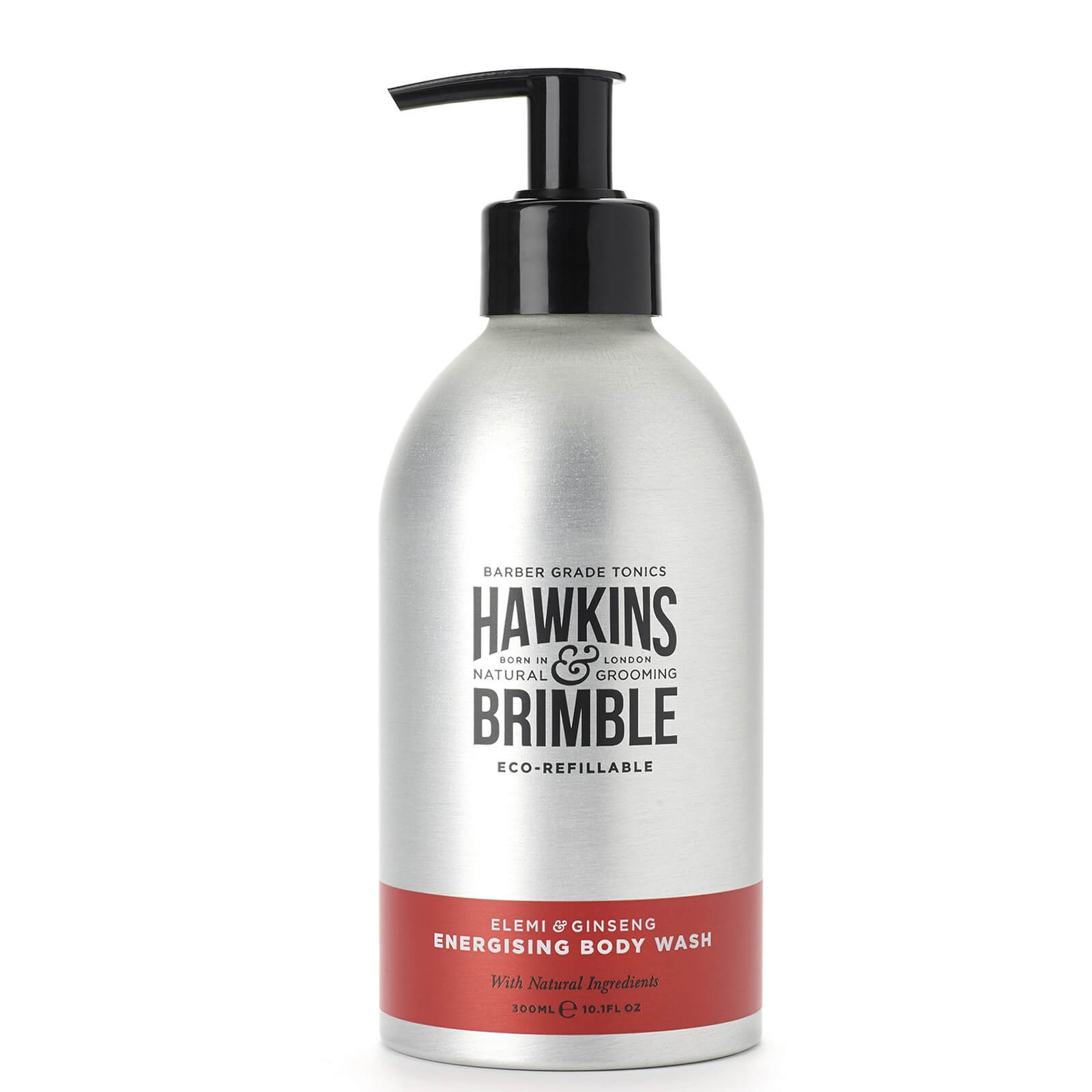 Silver eco-refillable body wash bottle with a black pump, featuring "Hawkins & Brimble" branding and a red label stating "Energising Body Wash" with natural ingredients.