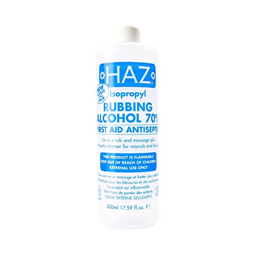 Clear plastic bottle of Haz Isopropyl Rubbing Alcohol 70%, labeled in blue and white, with a capacity of 500ML, featuring instructions for use and safety warnings.